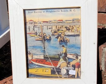 Impression carte postale de course de bateaux WRIGHTSVILE BEACH, Caroline du Nord dans un cadre récupéré