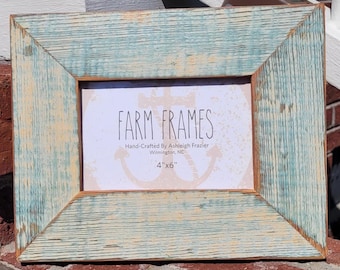 Cadre photo ancien en bois bleu et beige 4 x 6