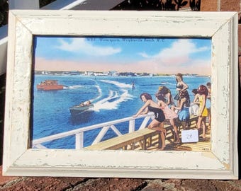 Impression de carte postale de Wrightsville Beach, Caroline du Nord dans un cadre en bois récupéré