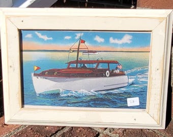 Impression carte postale BATEAU EN BOIS dans un cadre photo en bois vintage