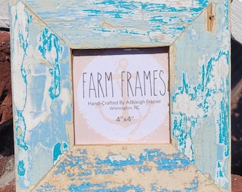 Cadre photo en bois ancien vintage BLEU 4 x 4