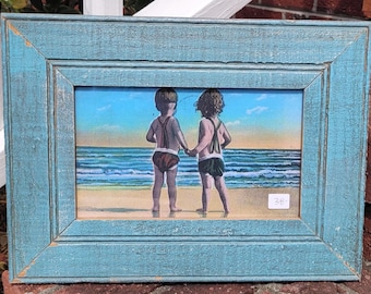 KIDS at the BEACH postcard print in a vintage wood picture frame