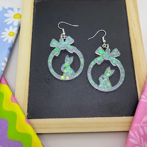 Easter Bunny Earrings, Pale Blue, Resin Dangle Earrings, Cute Bunny Jewelry, Holographic Glitter, Spring Pastel Earrings, Easter Gift