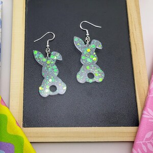 Easter Bunny, Earrings, Pale Blue, Resin Dangle Earrings, Cute Bunny Jewelry, Holographic Glitter, Spring Pastel Earrings, Gift