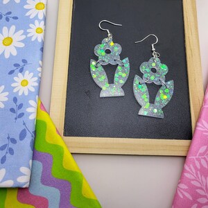 Easter Bunny, Flower Earrings, Pale Blue, Resin Dangle Earrings, Cute Bunny Jewelry, Holographic Glitter, Spring Pastel Earrings, Gift