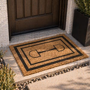 May include: A rectangular doormat with a horse bit design. The mat is made of a natural brown material with a black border and a black horse bit graphic in the center. The doormat is placed in front of a dark brown door.