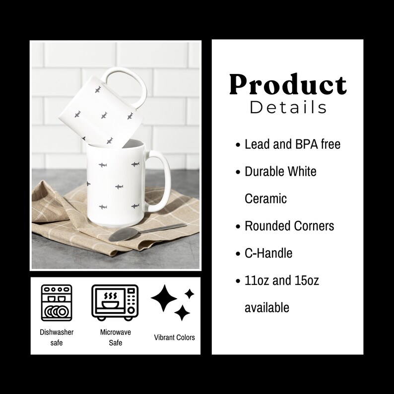 May include: Two white ceramic mugs with a C-handle, each adorned with a pattern of small, dark gray shark illustrations. The mugs are displayed on a tan linen napkin with a spoon. The text "Product Details" is visible.