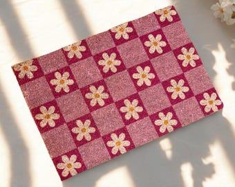 Zerbino floreale a quadri rosa, decorazione per la casa, tappeto retrò con margherite, regalo per la nuova casa, per studenti universitari, decorazione per appartamento, inaugurazione della casa femminile