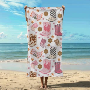 Western Beach Towel Pink Cowgirl Boot Gift for Country Music Girly Pool Towel Oversized Rodeo Travel Towel Cowboy Summer Accessories for Her