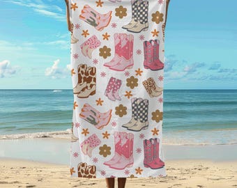 Western Beach Towel Pink Cowgirl Boot Gift for Country Music Girly Pool Towel Oversized Rodeo Travel Towel Cowboy Summer Accessories for Her