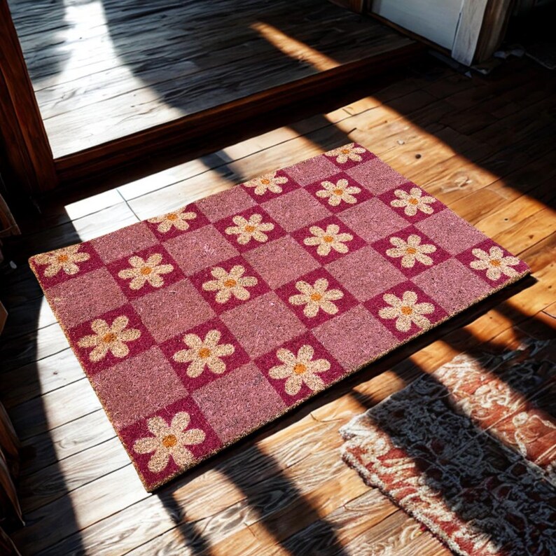 Gily Rug Floral Door Mat Pink Checkered Home Decor Retro Daisy Rug for New Home ...