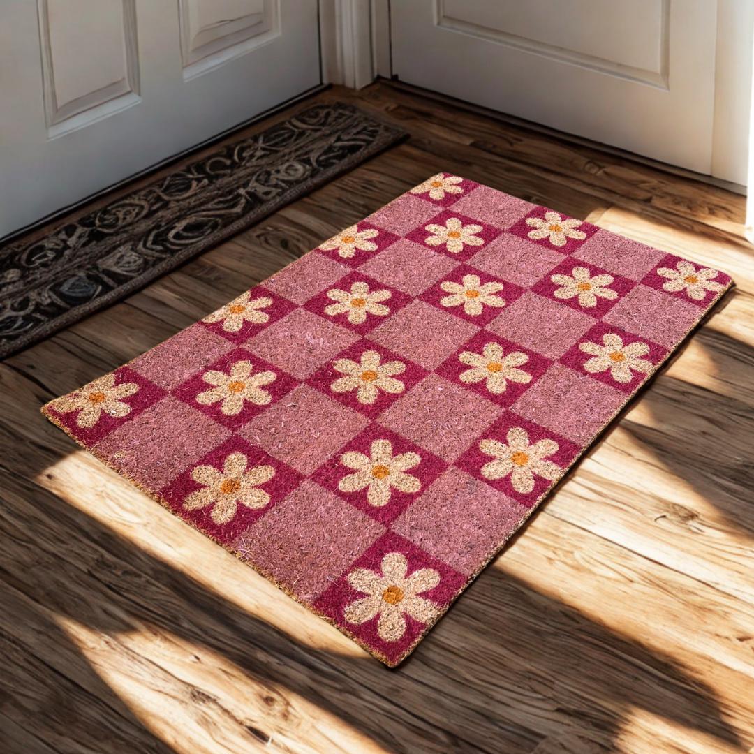 Gily Rug Floral Door Mat Pink Checkered Home Decor Retro Daisy Rug for New Home ...
