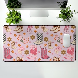 Cowgirl Boot Desk Mat Pink Western Home Office Decor Girly Cow Girl Themed Gift for Lainey Wilson Country Music Fan Mouse Pad for Her