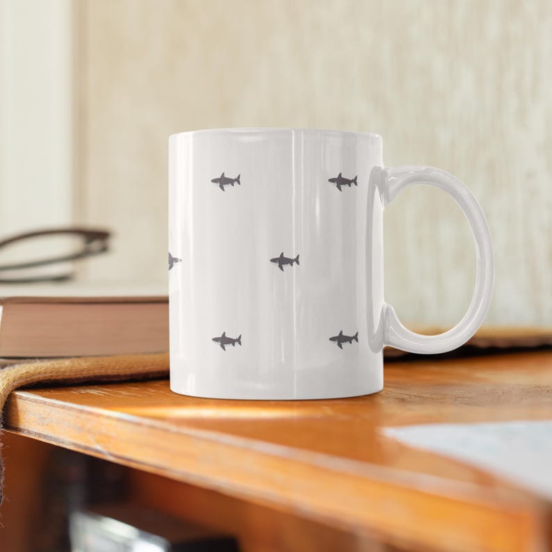 Unique Shark Lover Gift for Marine Biologist Coffee Mug featuring Great White Shark minimalist design. Ideal Shark Week cup for ocean animal enthusiasts, divers, or marine biology students. This marine life enthusiast cup is both practical and stylish, making it the perfect ocean conservation gift or scuba diving coffee mug for daily inspiration.