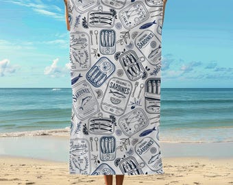 Asciugamano da spiaggia nautico Sardina Accessorio Festa in piscina estiva Regalo di compleanno per appassionati di cucina Arredamento per la casa costiero Nucleo del pescatore