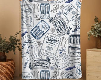 Coperta di sardine, decorazione per la casa costiera, accogliente pesce in scatola blu, regalo per il compleanno di un amico buongustaio