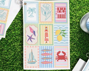 Asciugamano da golf femminile con patchwork, stile costiero da nonna, asciugamano sportivo per ragazze, accessorio preppy da caddie da golf, regalo estivo da spiaggia per principianti del golf.