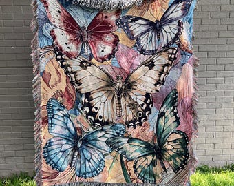 Coperta a farfalla, decorazione per la casa di ispirazione vintage, coperta intrecciata, arazzo a forma di falena, regalo per inaugurazione della casa, copriletto o copriletto, decorazione boho-naturale.
