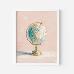 May include: A vintage-style globe with a gold stand on a light pink background. The globe is painted in shades of blue and green, with continents outlined in gold.
