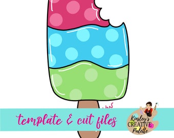 May include: A digital cut file of a three-layered popsicle with a bite taken out of the top. The popsicle is pink, blue, and green with white polka dots.
