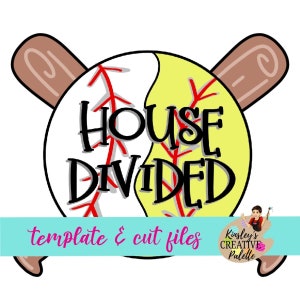 May include: A yellow and white softball with red stitching and crossed baseball bats. The text "HOUSE DIVIDED" is written on the softball.