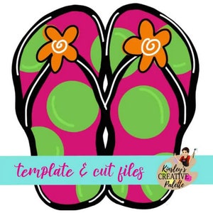 Könnte beinhalten: Pink- und grünes Flip-Flop-Design mit orangefarbenen Blumen. Vorlagen und Schnittdateien.