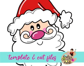 May include: A cartoon illustration of Santa Claus's face with a red hat and white beard. The image is a template and cut file for crafting projects.