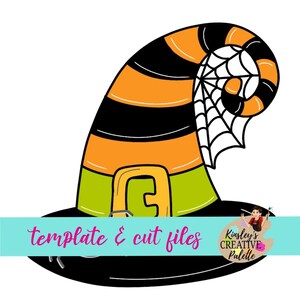 May include: A black witch hat with orange and black stripes, a green band, and a spiderweb on the side. The hat is tilted to the side and has a buckle on the front. The text "template & cut files" is at the bottom of the image.