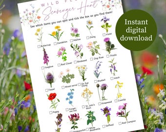 Wild Flower Scavenger Hunt, Printable Outdoor Activities for Children, Kids Camping Activity Games,  Preschool Nature Treasure Game Sheet
