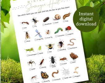 Minibeast Bug Scavenger Hunt, Printable Outdoor Walk Activities for Children, Kids Camping Activity Games, Nature Treasure Game Sheet School