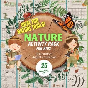 May include: A digital nature activity pack for children, featuring a wood slice design with illustrations of a boy and girl explorer, a ladybug, and a butterfly. Includes 25 pages of activities.