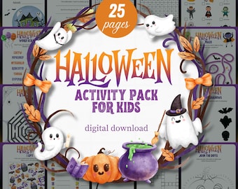 May include: A Halloween activity pack for kids with 25 pages of fun activities. The cover features a purple cauldron, a pumpkin, and a ghost with a witch's hat. The text "HALLOWEEN ACTIVITY PACK FOR KIDS" is in a purple banner.