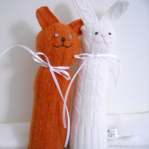 Baby Rattle - Upcylced orange Wool Stuffed bunny rabbit toy