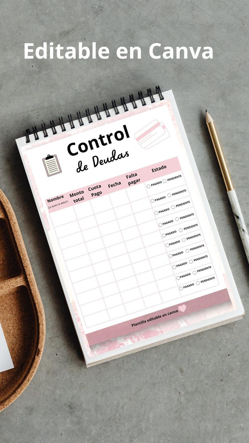 May include: A spiral-bound notepad with a debt control template in Spanish. The pink and white design includes fields for name, total amount, payment, and due date. A pencil rests beside the notepad.