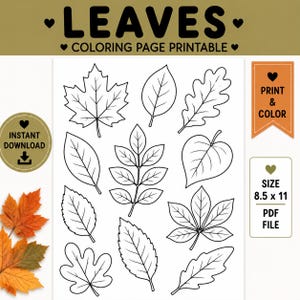 May include: A printable coloring page featuring black and white line art of various leaf shapes. The text reads LEAVES COLORING PAGE PRINTABLE, INSTANT DOWNLOAD, PRINT & COLOR, and SIZE 8.5 x 11 PDF FILE. The design includes eleven distinct leaf outlines.