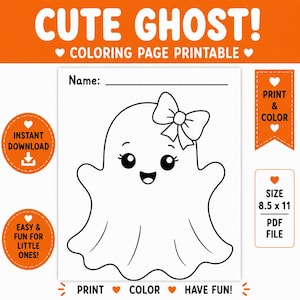 Może przedstawiać: Kolorowanka do druku z czarno-białym rysunkiem liniowym uśmiechniętego ducha z kokardą na głowie. Strona zawiera tekst CUTE GHOST! COLORING PAGE PRINTABLE, INSTANT DOWNLOAD, PRINT & COLOR, SIZE 8.5 x 11 oraz PDF FILE.