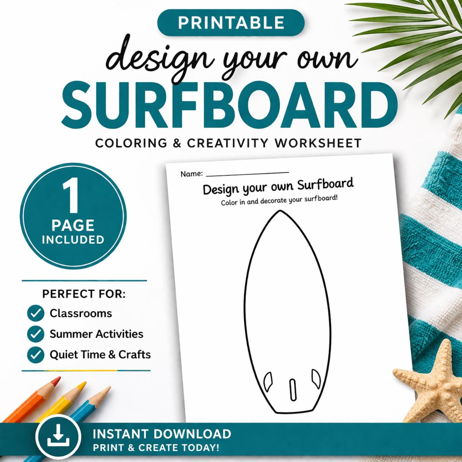 Surfboard Template.pdf Design Your Own Surfboard Printable | Kids Summer Coloring Activity ...