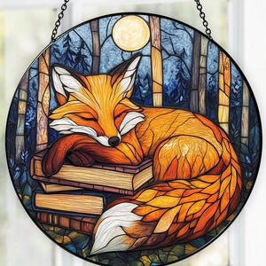 Fox Reading Book Stained Glass Suncatcher, Fox Book Stained Glass Decor, Book Lover Gift, Library Decor, Fox Lover&#39;s Gifts, Bookish Gift