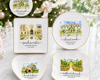 Custom Wedding Venue Watercolor Ring Dish, Trinket Tray For Couple Newlywed Gift, Anniversary Bride Groom Keepsake, Wedding Jewelry Dish