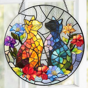 Personalized Cat Stained Glass Suncatcher, Indoor Home Decor, Wildflowers Window Hanging, Gifts for Women, Gift For Cat Lover, Cat Mom Gift