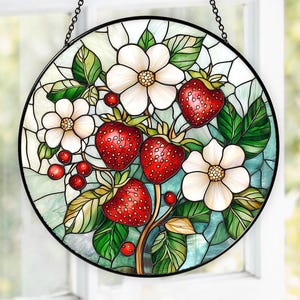 Strawberry Branch Stained Glass Suncatcher, Strawberry Floral Window Hanging, Housewarming Gift,Suncatcher Window Decor,Gift For Berry Lover