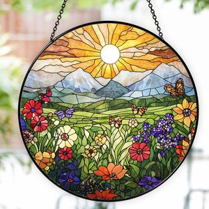 Mountain Range Stained Glass Suncatcher Ornament, Nature Suncatcher For Window Hanging, Mountain Wildflowers Stained Glass, Christmas Decor