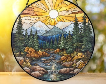 Mountain Stained Glass Suncatcher, Nature Suncatcher For Window Hanging, Stained Glass Window Decor, Suncatcher Ornament, Christmas Gifts