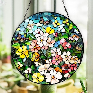Wildflowers Stained Glass Suncatcher, Meadow Flowers Window Hanging Sign, Christmas Gifts For Her, Mom Grandma Xmas Gift, Flowers Lover Sign