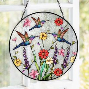 Hummingbirds Stained Glass Suncatcher, Wildflowers Window Hanging, Gifts for Women, Hummingbird Sun Catcher, Mother Day Gift For Mom Grandma