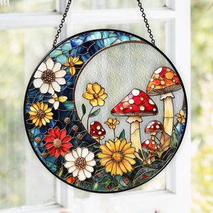 Mushroom Suncatcher, Stained Glass Mushrooms Cottagecore Home Decor, Fly Mushroom Moon Window Hanging Art, Birthday Gift For Her Mom Grandma