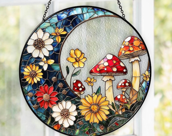 Mushroom Suncatcher, Stained Glass Mushrooms Cottagecore Home Decor, Fly Mushroom Moon Window Hanging Art, Birthday Gift For Her Mom Grandma