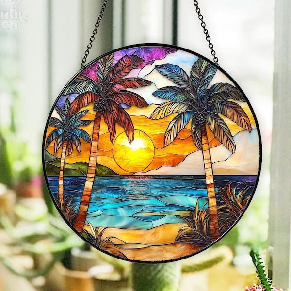 Beach Sunset Stained Glass Suncatcher, Beach Glass Window Hangings, Beach Lover Home Decor, Beach Sunrise Suncatcher, Gift For Mom Grandma