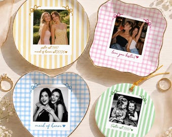 Custom Striped Bestie Photo Jewelry Dish, Ceramic Trinket Tray for Best Friend, Maid of Honor Ring Dish, Soul Sister Wedding Gifts