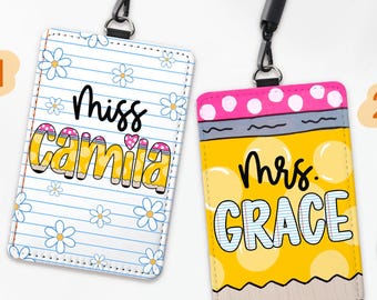 Pencil Teacher ID Badge Holder, Back To School Gifts, Lanyard Accessory for Teacher, Custom Name Leather ID Holder, Custom School Supplies